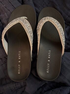 Kelly & Katie Black Footbed Flip-Flops with Silver Glitter Straps